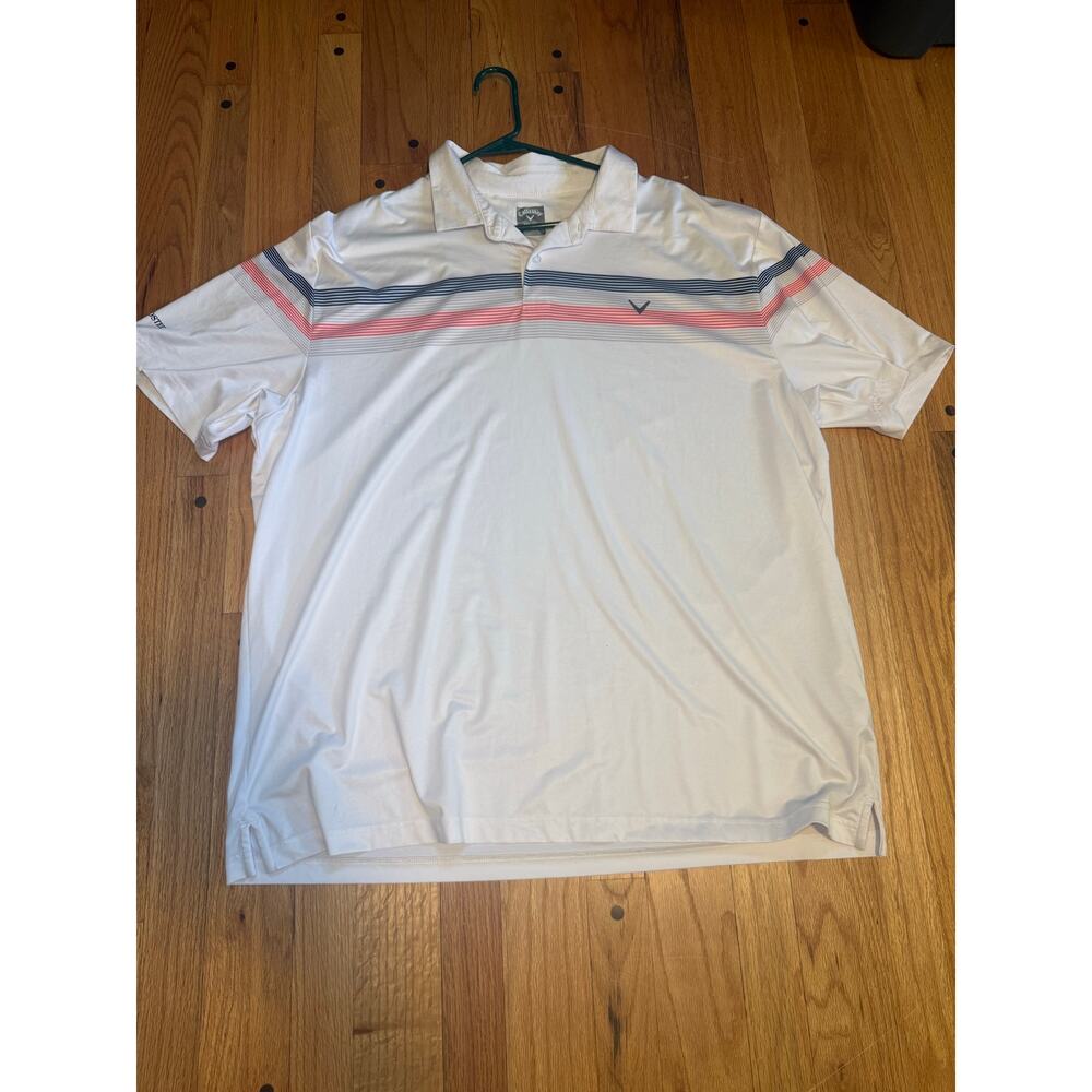 Callaway Polo Shirt Mens XXL 2XL White Striped Golf Stretch Logo Opti-Dri Casual